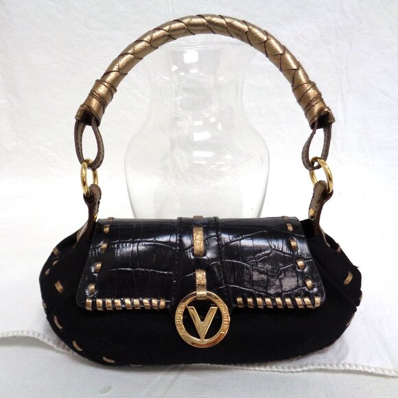 MARIO VALENTINO Mini Bag Black Canvas and Black Croc Embossed Leather - Picture 1 of 14